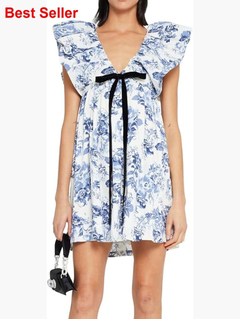 Floral Print Mini Dress with Puff Sleeves V Neck Babydoll Bow